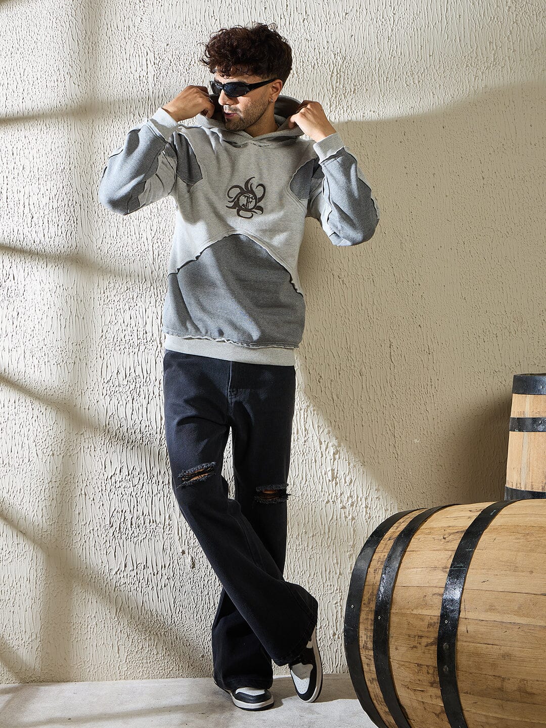 Grey and Charcoal Cut and Sew Hooded Sweatshirt