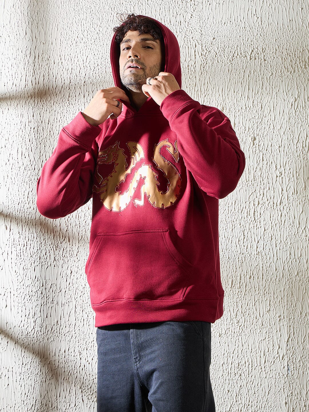 Wine Golden Dragon Oversized Hooded Sweatshirt