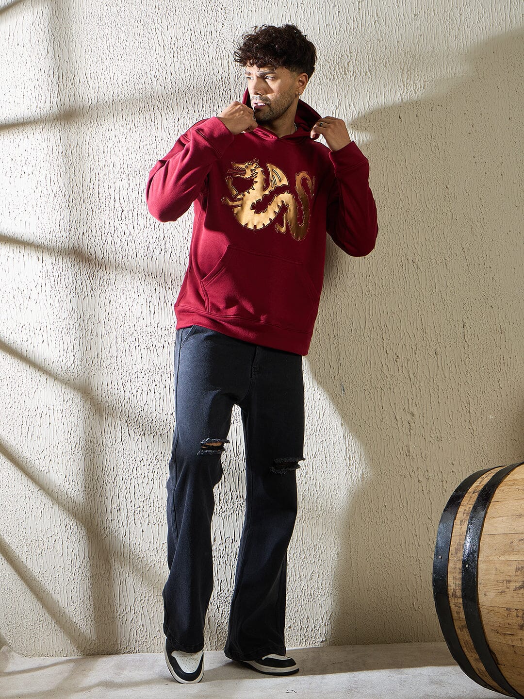 Wine Golden Dragon Oversized Hooded Sweatshirt