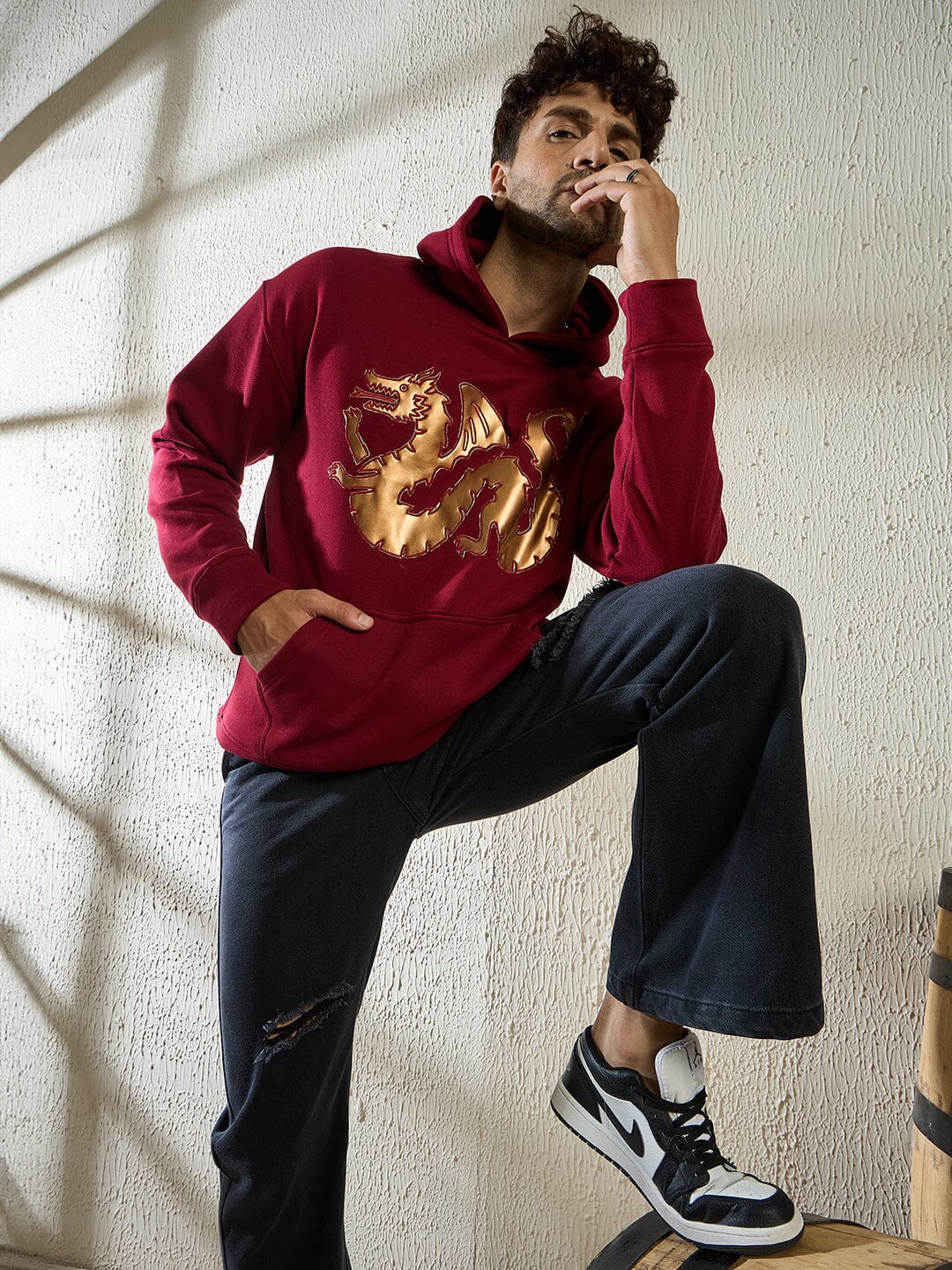 Wine Golden Dragon Oversized Hooded Sweatshirt