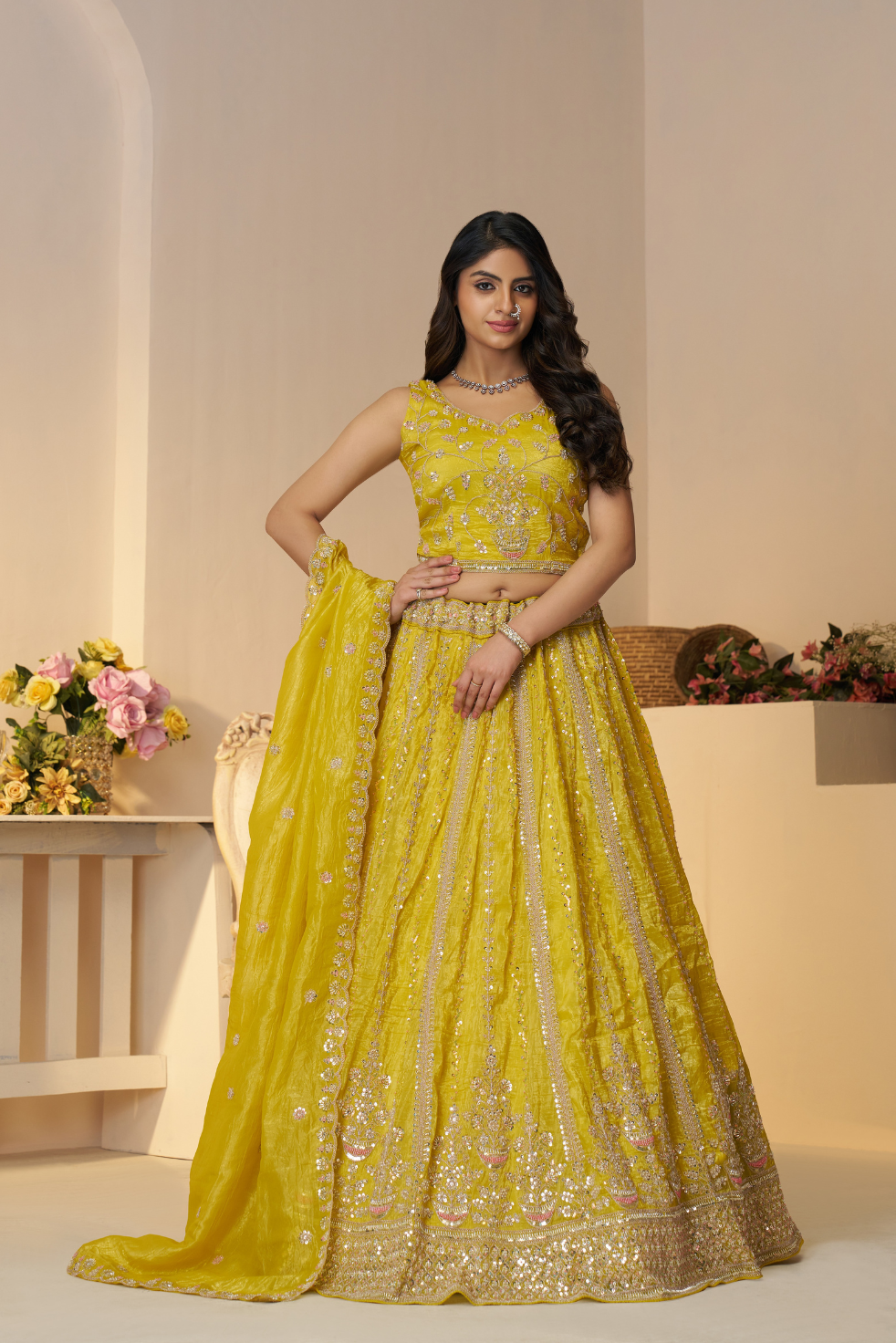 Haldi Ceremony Lehenga with Sequin and Cut Dana Work - qivii