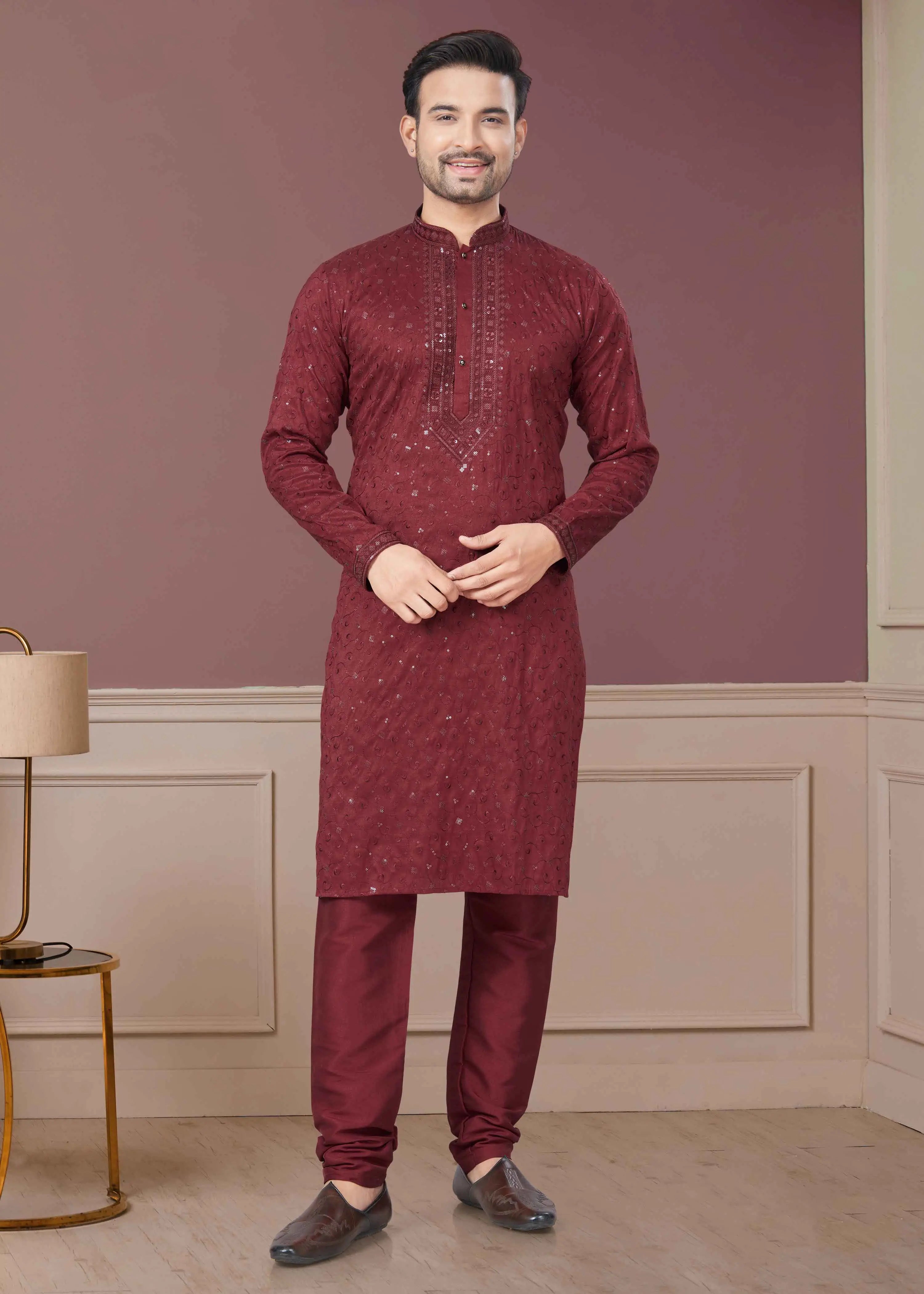 Maroon Sequins Embroidery Kurta Pajama Set