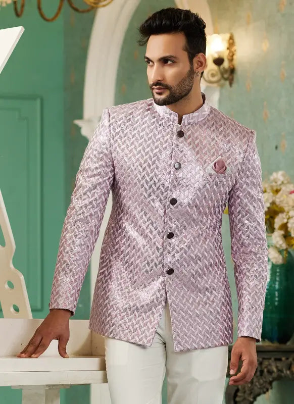 Men's Onion Pink Art Silk Thread Work Jodhpuri Jacket