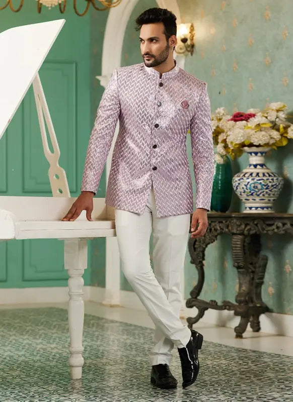 Men's Onion Pink Art Silk Thread Work Jodhpuri Jacket