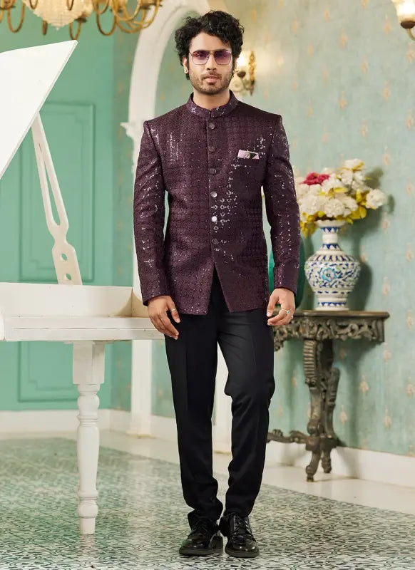 Men's Wine Art Silk Thread Work Jodhpuri Jacket