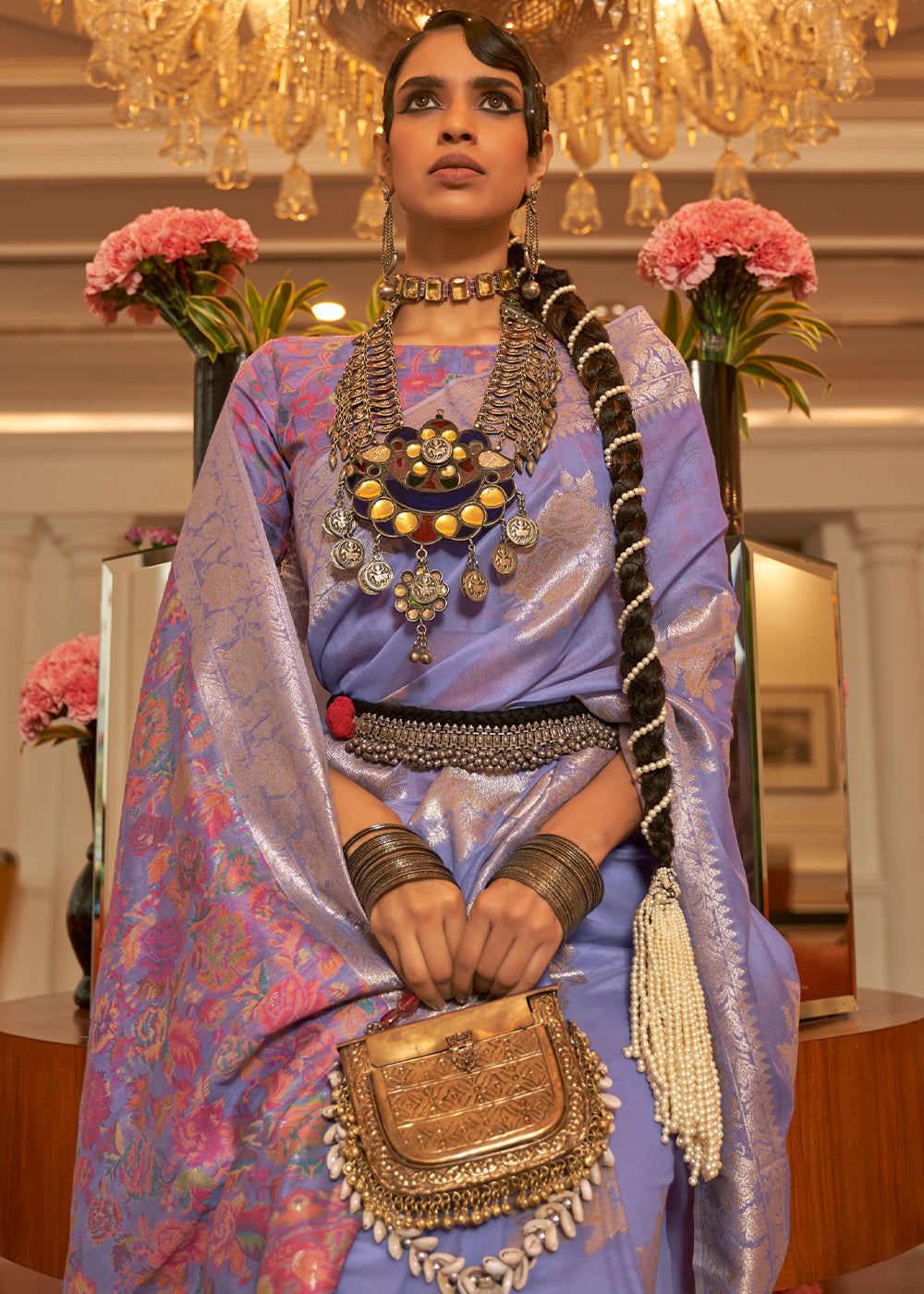 Soft Purple Handloom Woven Silk Saree with Kashmiri Pallu - qivii