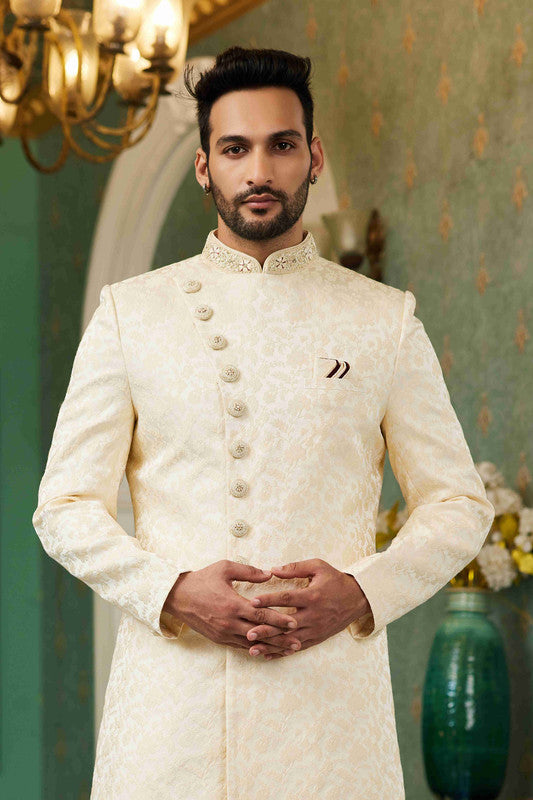 Men's Light Gold Jacquard Silk Embroidery Sherwani Set