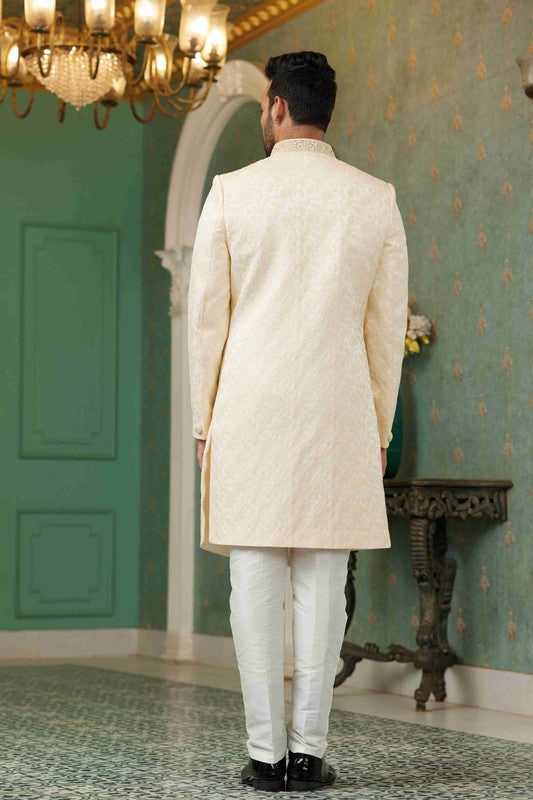 Men's Light Gold Jacquard Silk Embroidery Sherwani Set