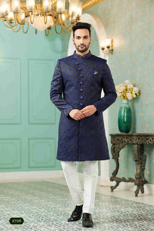 Men's Blue Jacquard Silk Embroidery Sherwani Set