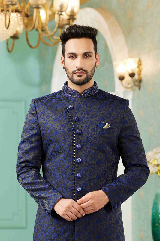 Men's Blue Jacquard Silk Embroidery Sherwani Set