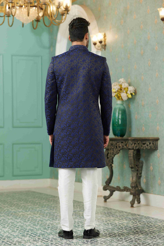 Men's Blue Jacquard Silk Embroidery Sherwani Set