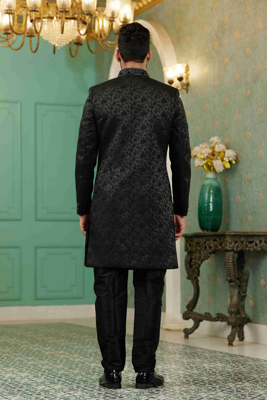 Men's Black Jacquard Silk Embroidery Sherwani Set