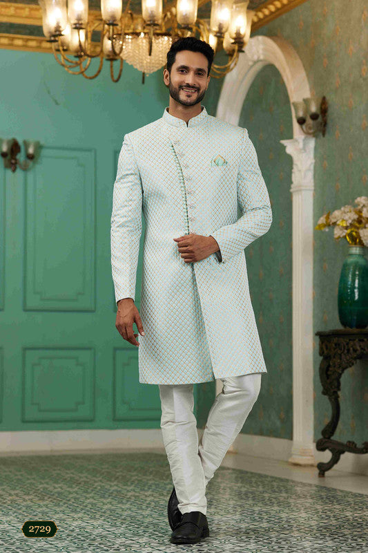 Men's Sky Blue Jacquard Silk Embroidery Sherwani Set