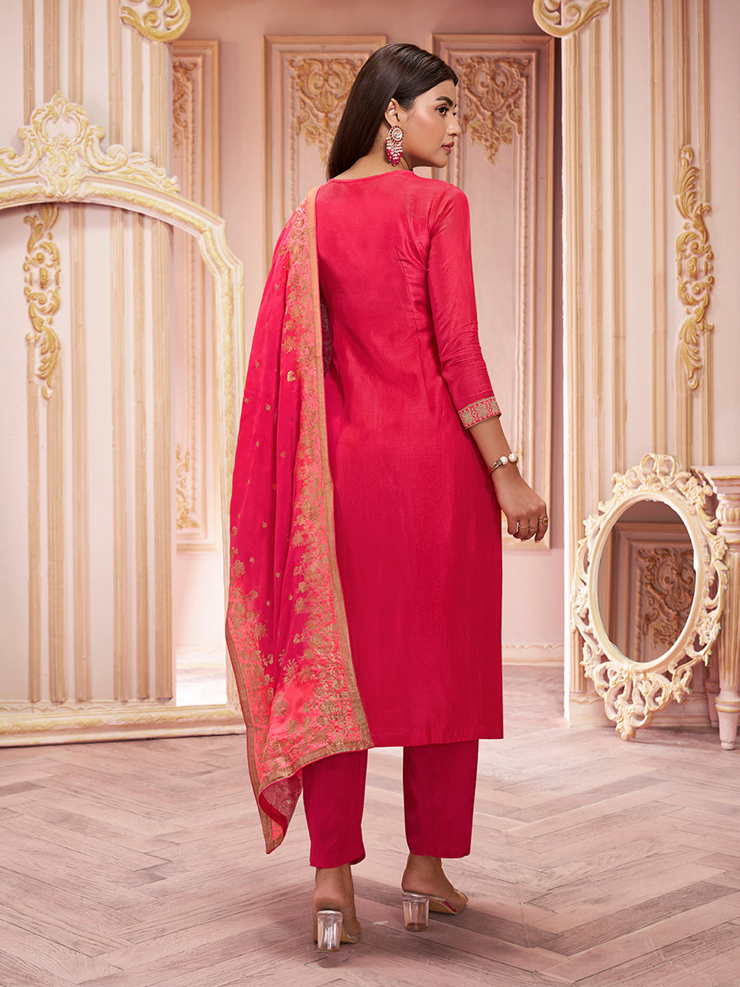 Red Zari Jacquard Kurta Suit Set