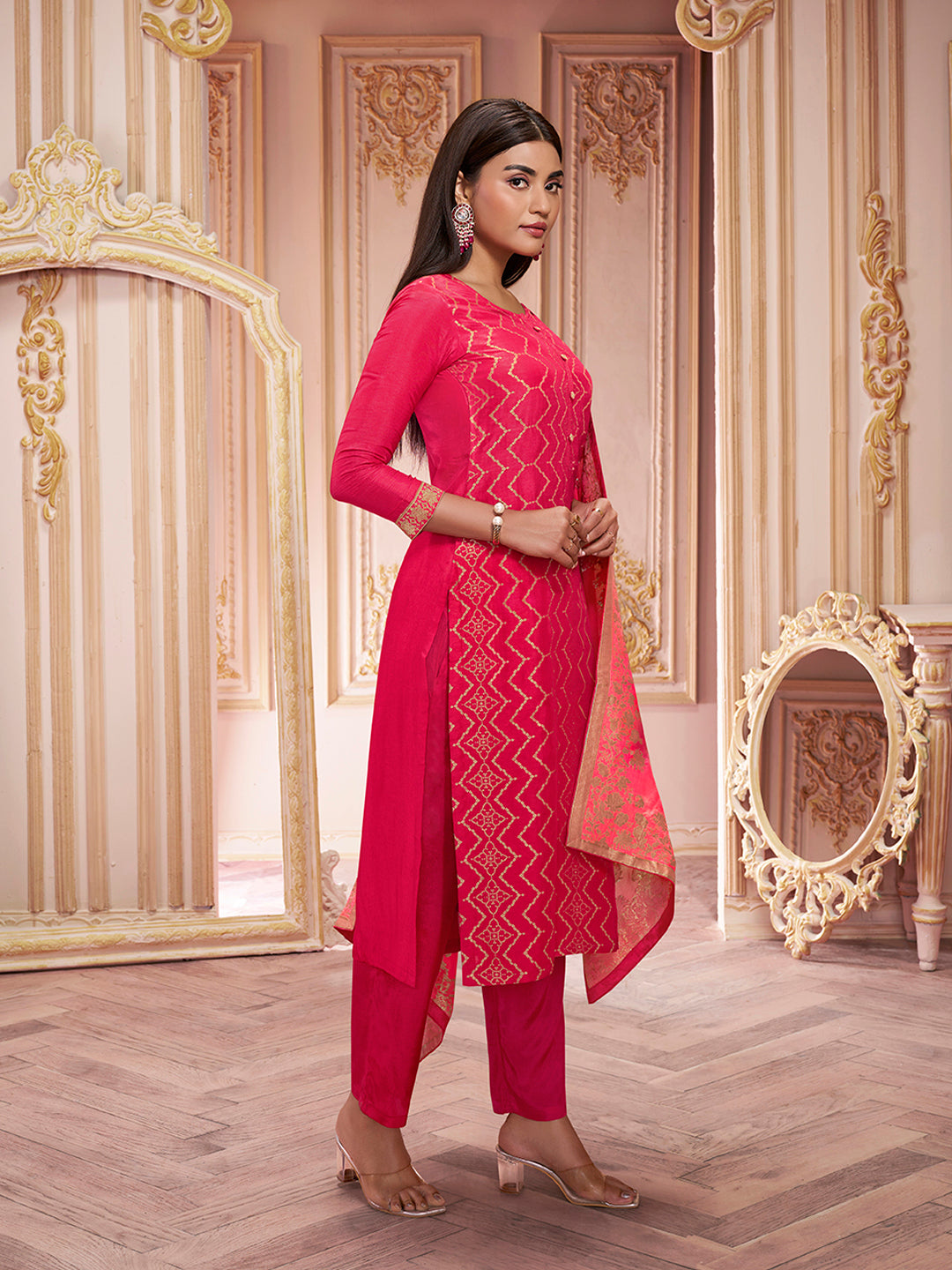 Red Zari Jacquard Kurta Suit Set - qivii