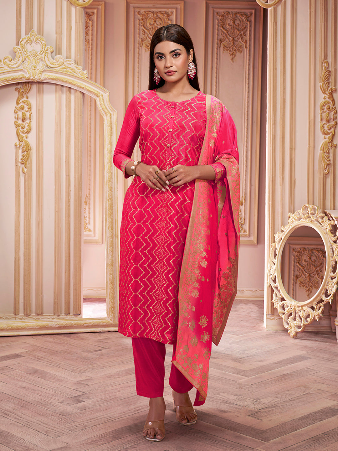 Red Zari Jacquard Kurta Suit Set - qivii