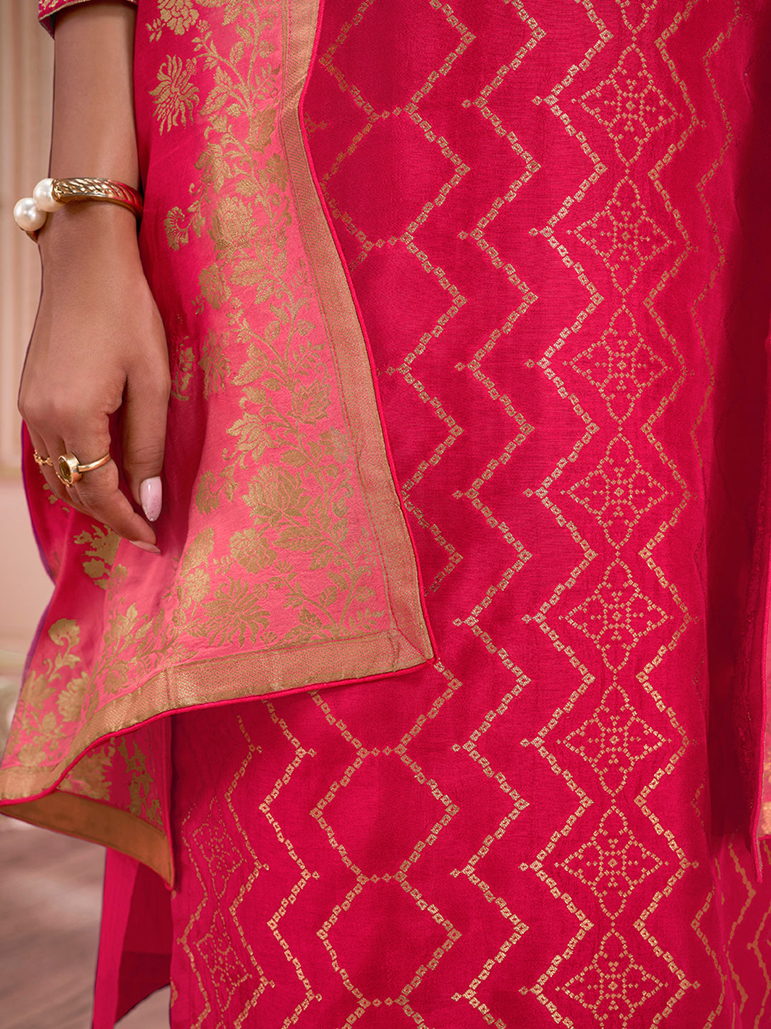 Red Zari Jacquard Kurta Suit Set