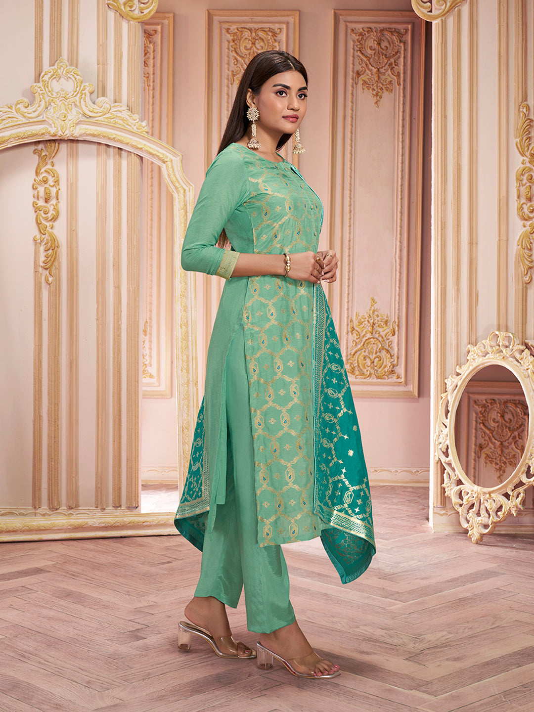 Sea Green Meena Keri Design Jacquard Kurta Suit Set - qivii