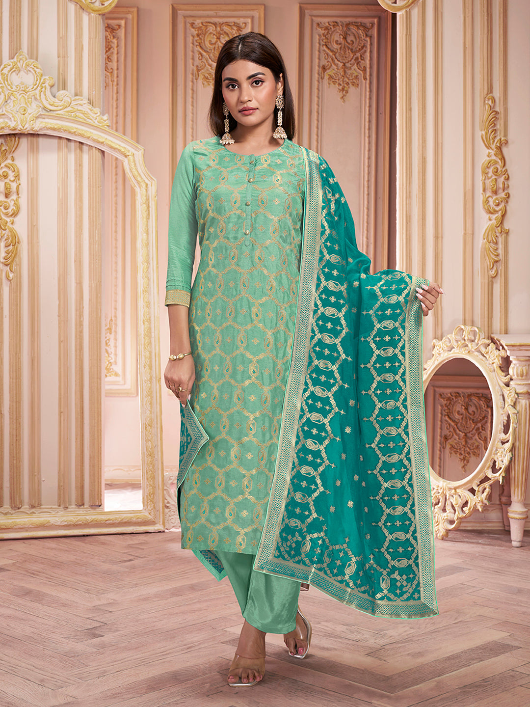 Sea Green Meena Keri Design Jacquard Kurta Suit Set - qivii