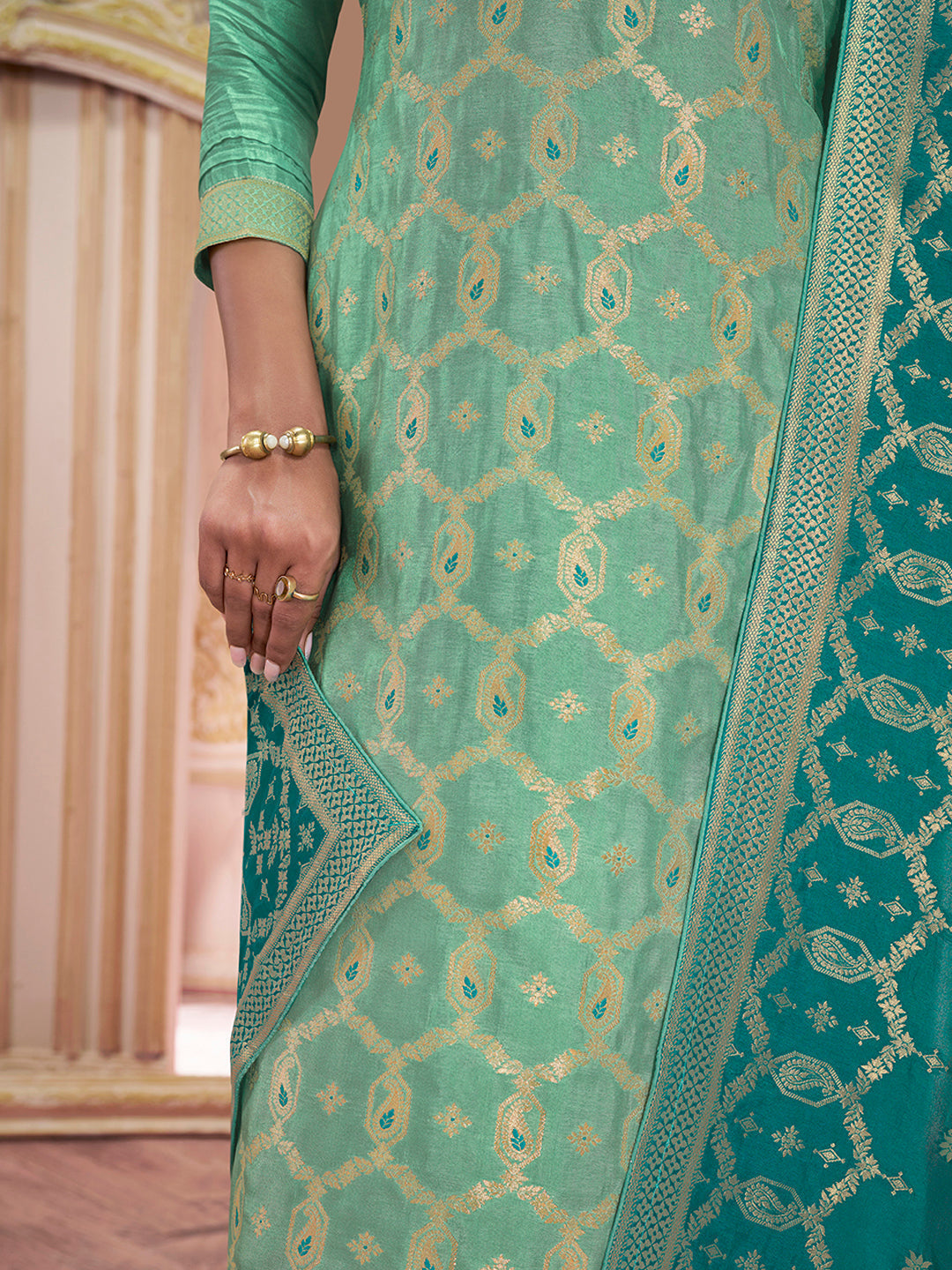 Sea Green Meena Keri Design Jacquard Kurta Suit Set