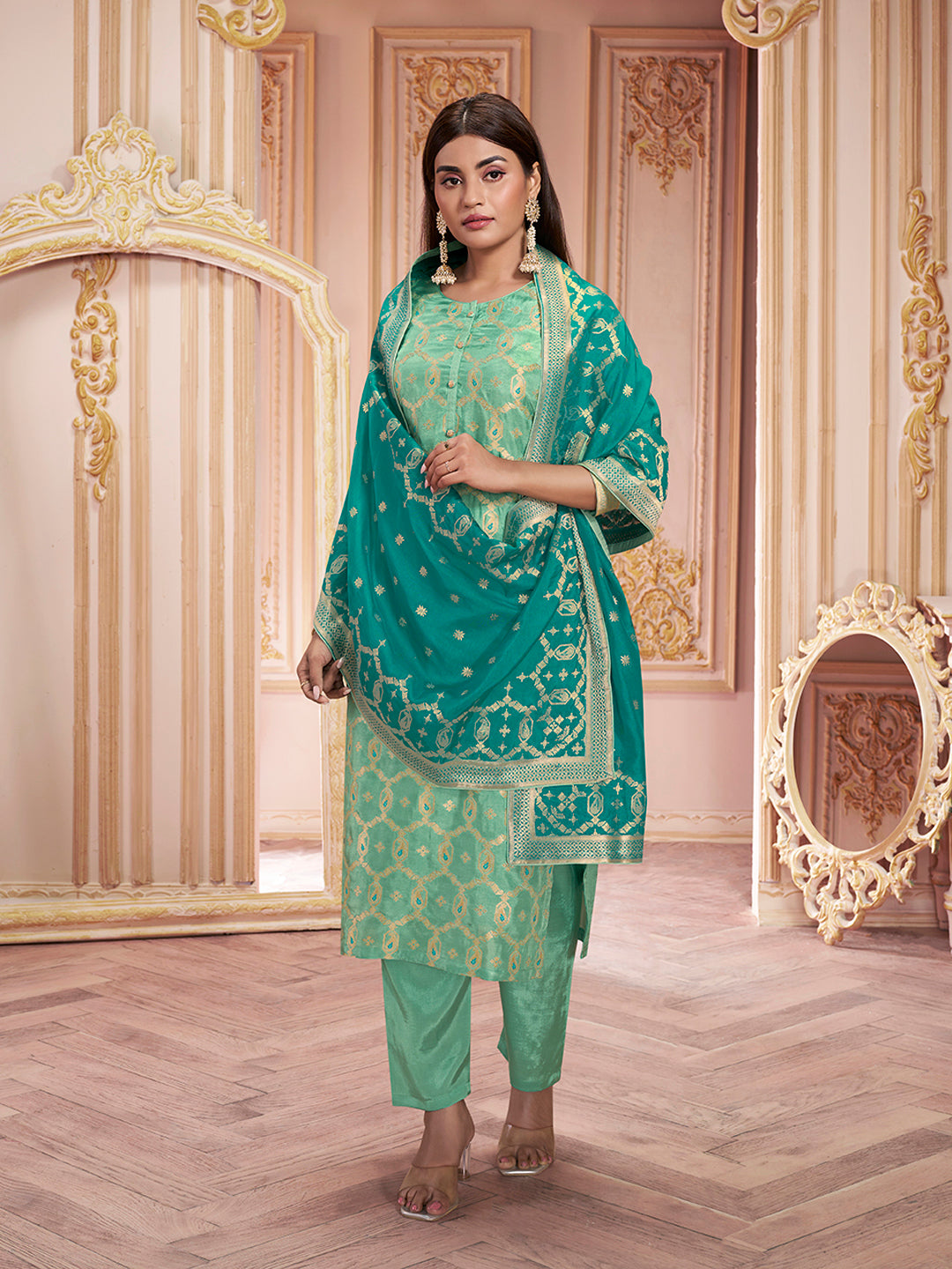 Sea Green Meena Keri Design Jacquard Kurta Suit Set