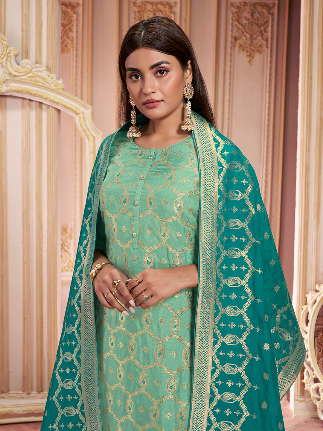 Sea Green Meena Keri Design Jacquard Kurta Suit Set
