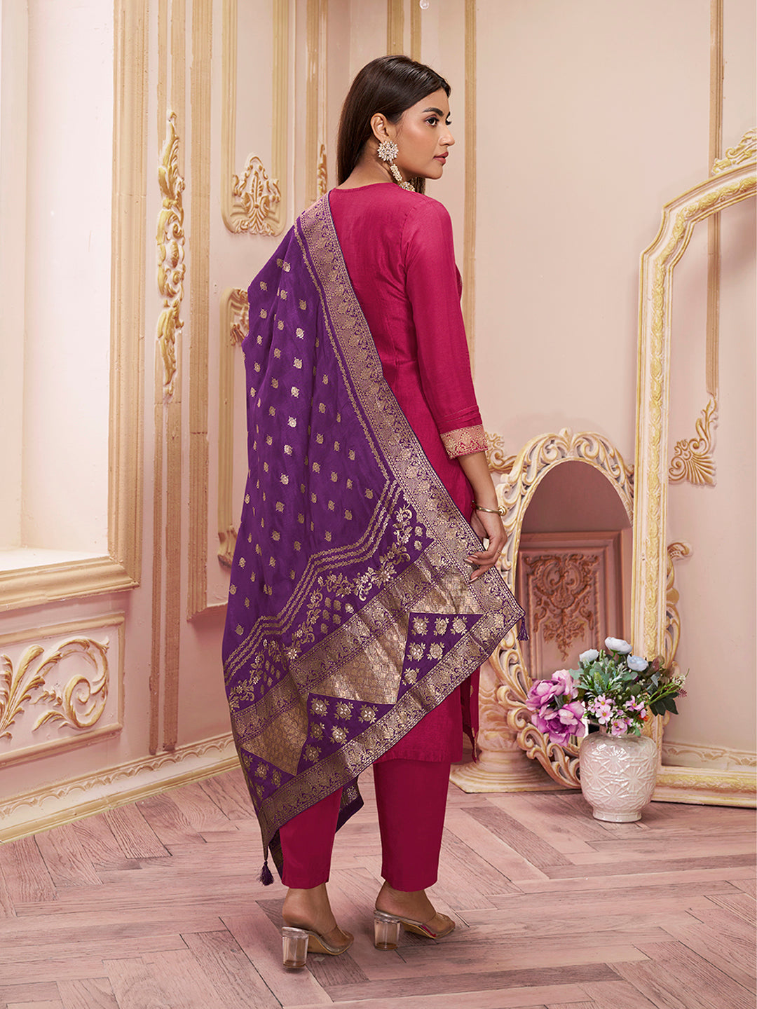 Vivid Burgundy Jacquard Kurta Suit Set - qivii