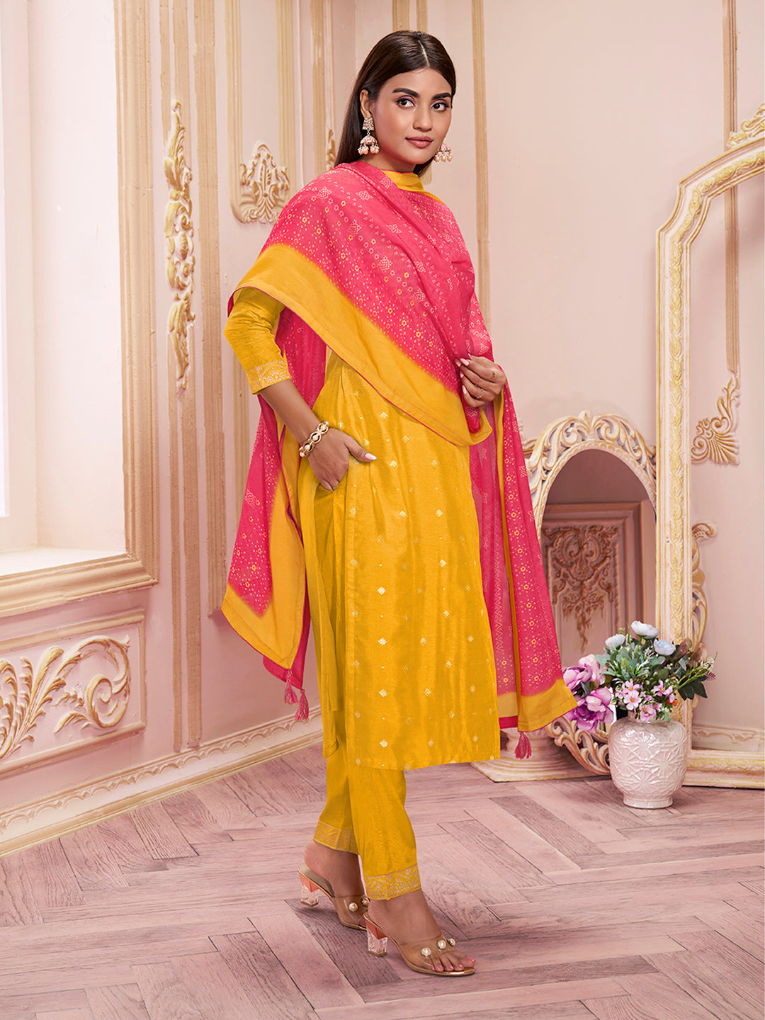 Yellow Jacquard Kurta Suit Set - qivii