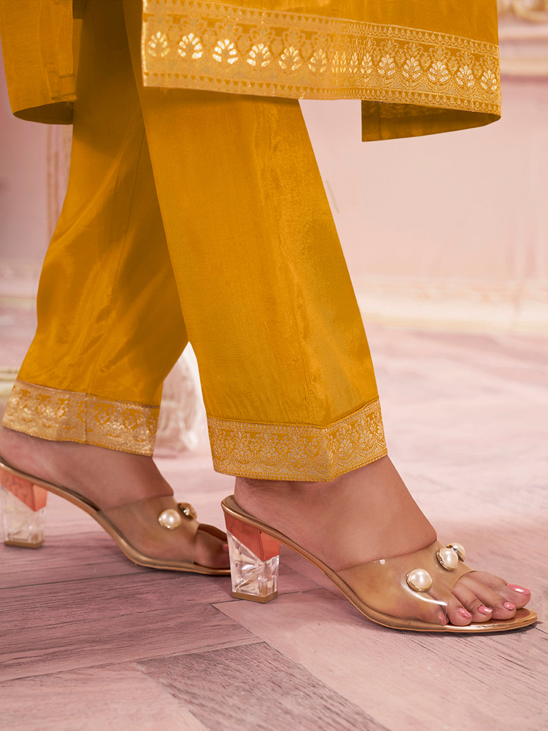 Mustard Yellow Jacquard Kurta Suit Set