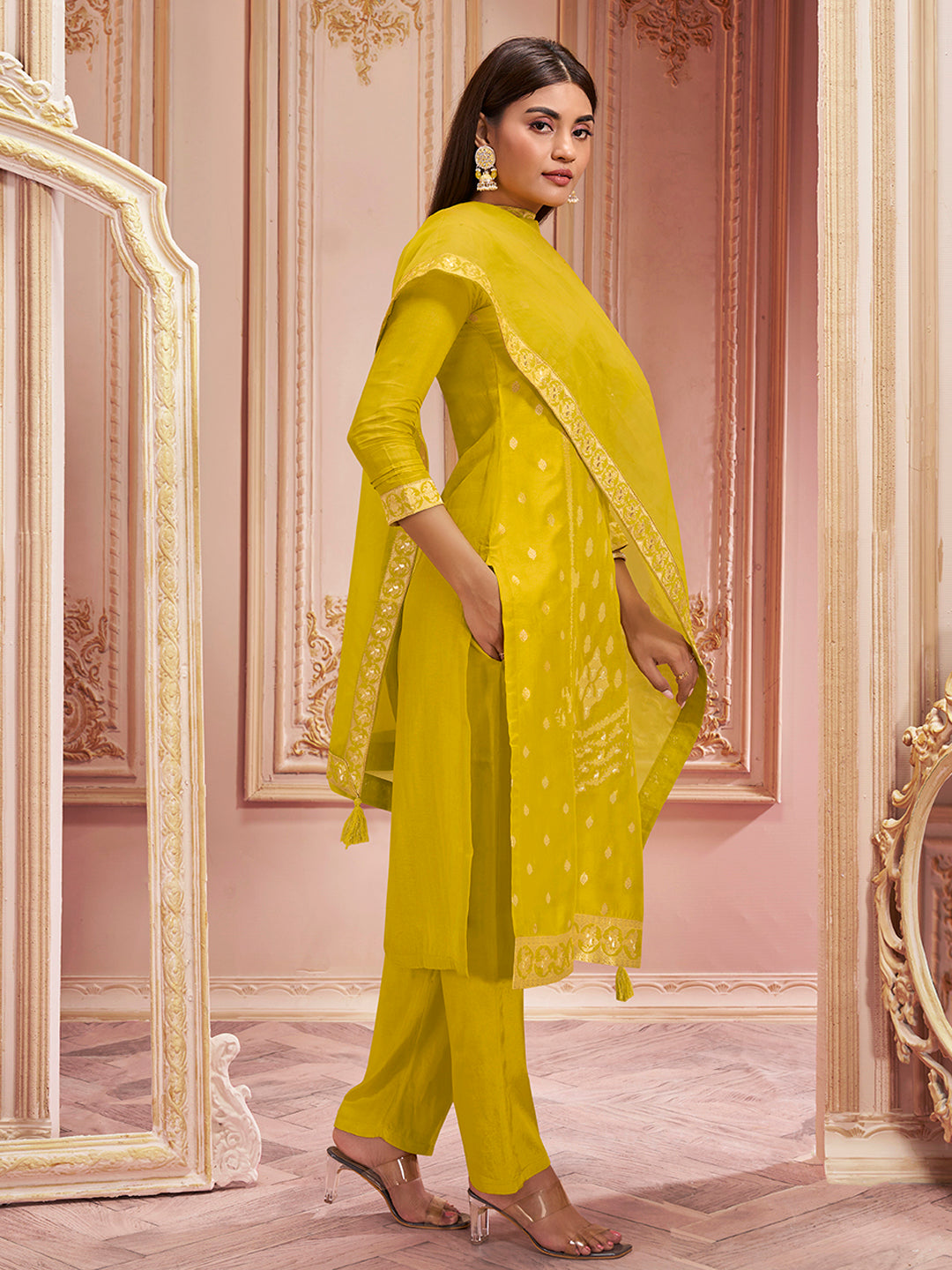 Yellow Panel Jacquard Kurta Suit Set - qivii