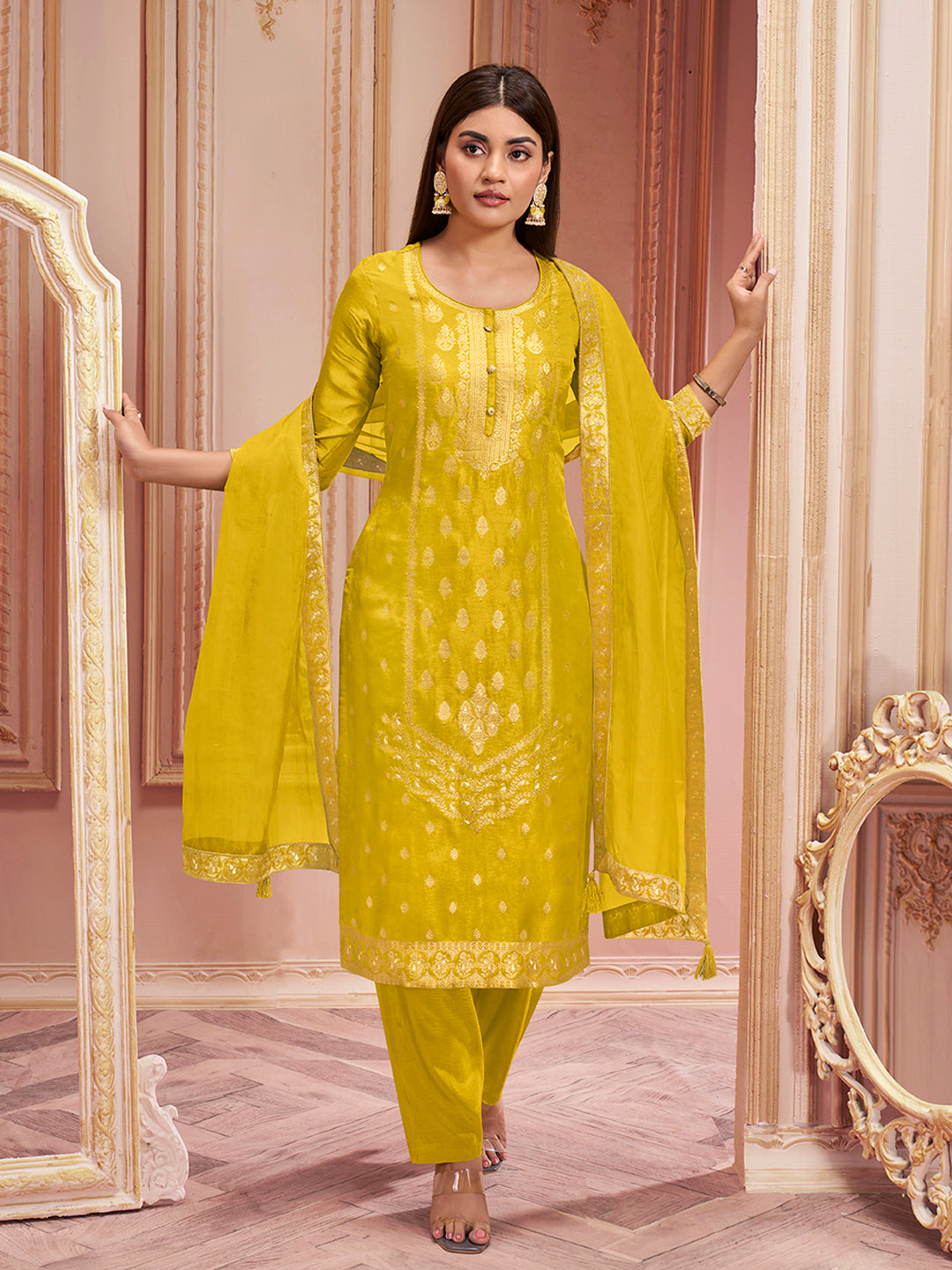 Yellow Panel Jacquard Kurta Suit Set - qivii