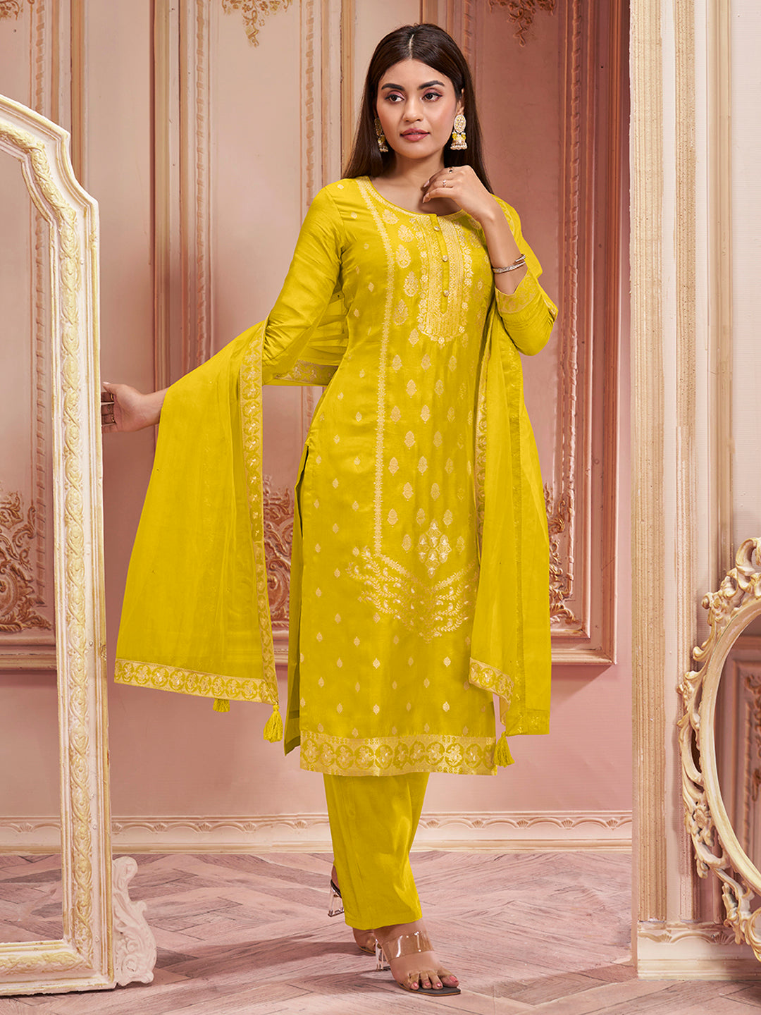 Yellow Panel Jacquard Kurta Suit Set
