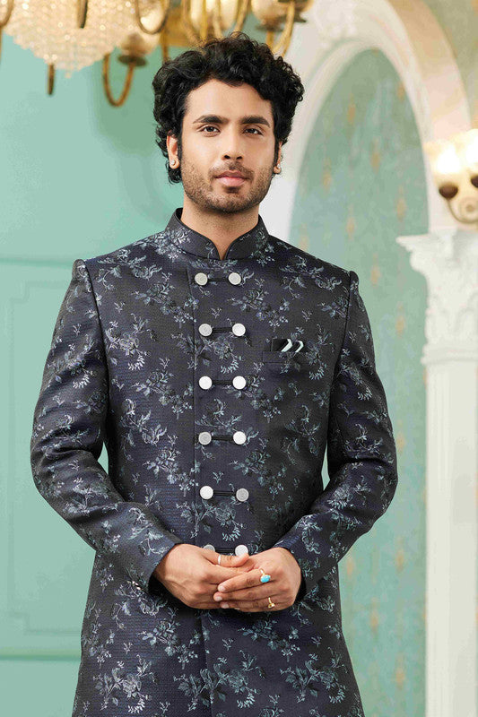 Men's Navy Blue Jacquard Silk Embroidery Sherwani Set