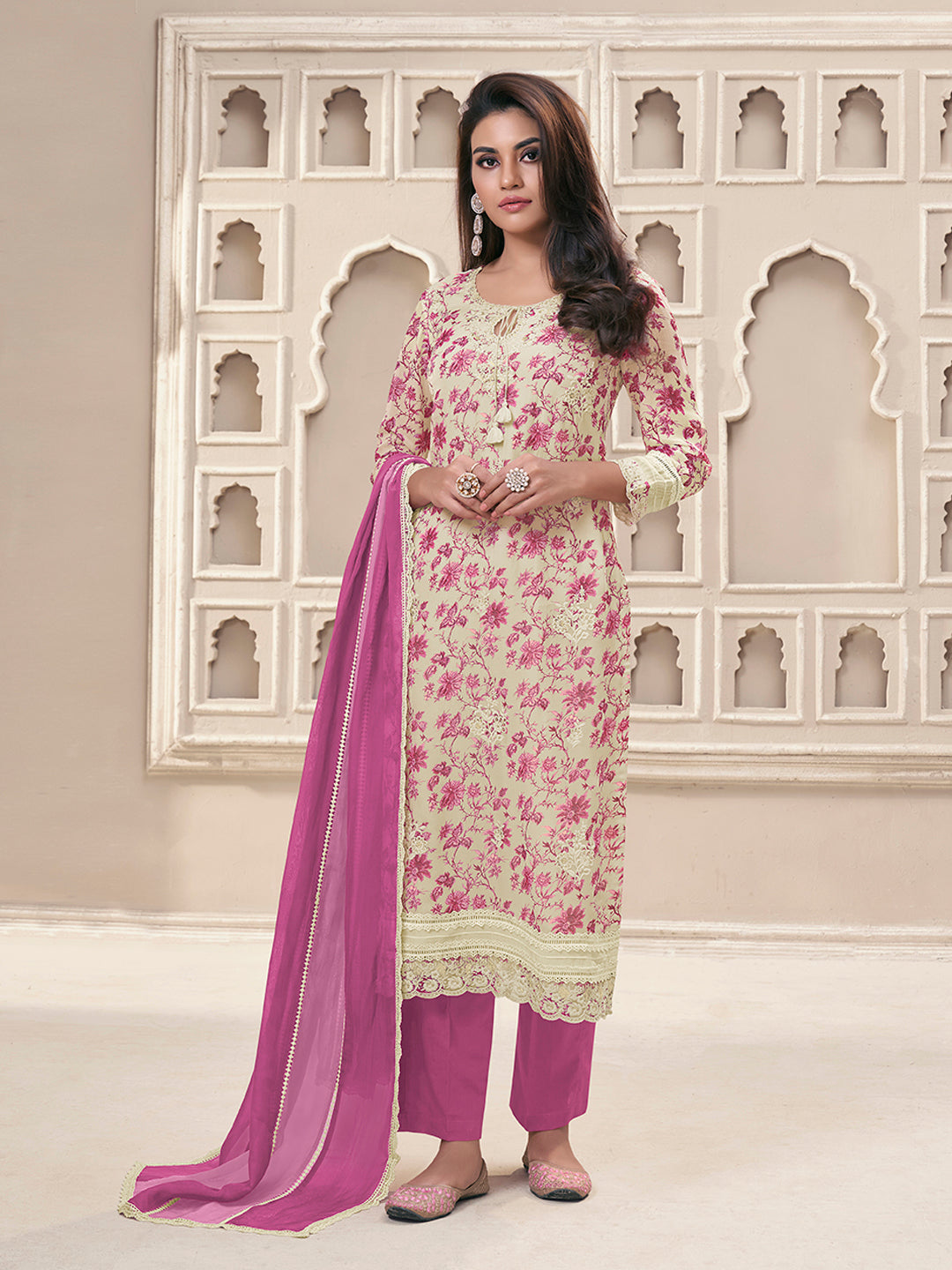 Pink Organza Fabric with Floral Printed and Thread Embroidery work Kurta Suit set - qivii