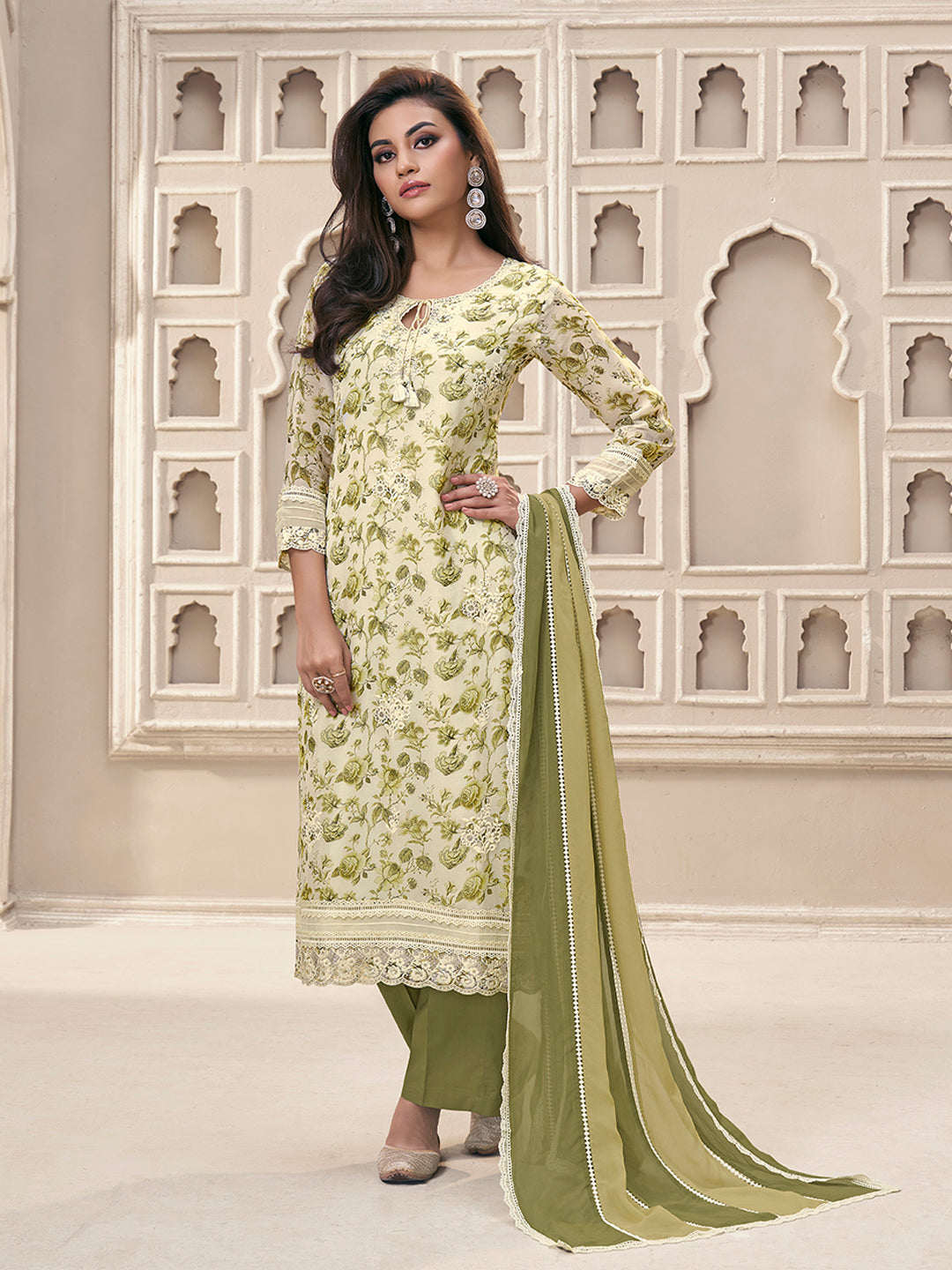 Green Organza Fabric with Floral Printed and Thread Embroidery work Kurta Suit set - qivii