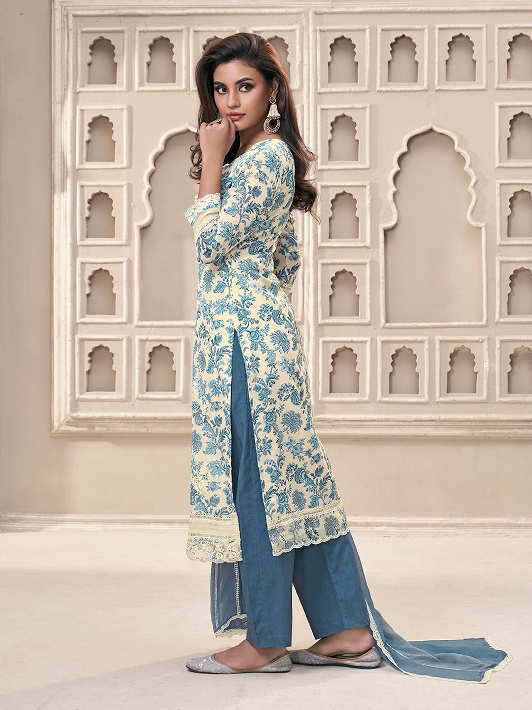 Blue Organza Fabric with Floral Printed and Thread Embroidery work Kurta Suit set - qivii