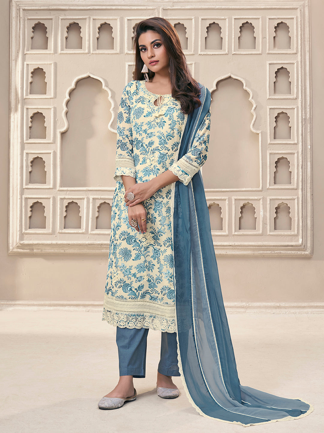Blue Organza Fabric with Floral Printed and Thread Embroidery work Kurta Suit set - qivii