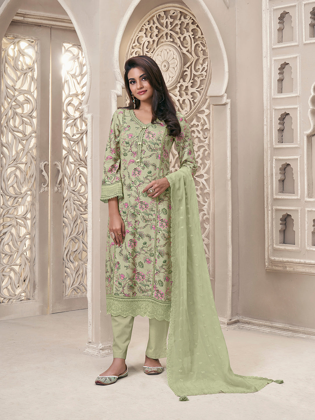 Pista Green Linen Fabric with Floral Printed and Shiffli work Kurta Suit Set - qivii