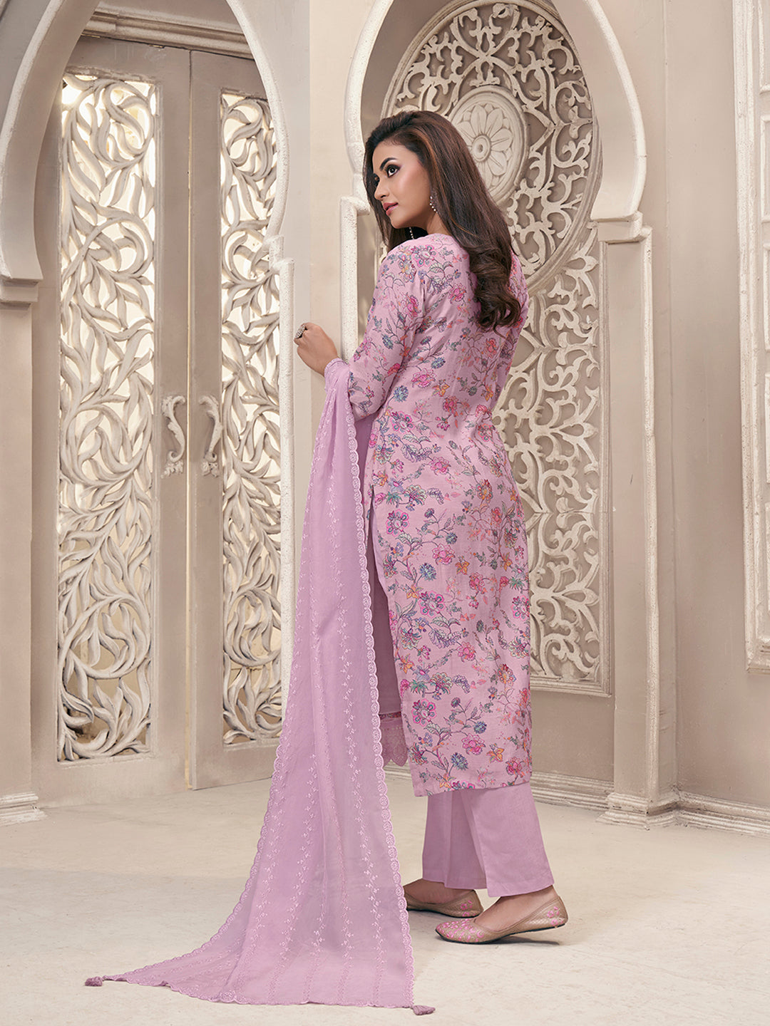 Baby Pink Kurta Set in Linen Floral Printed with Schiffli Work