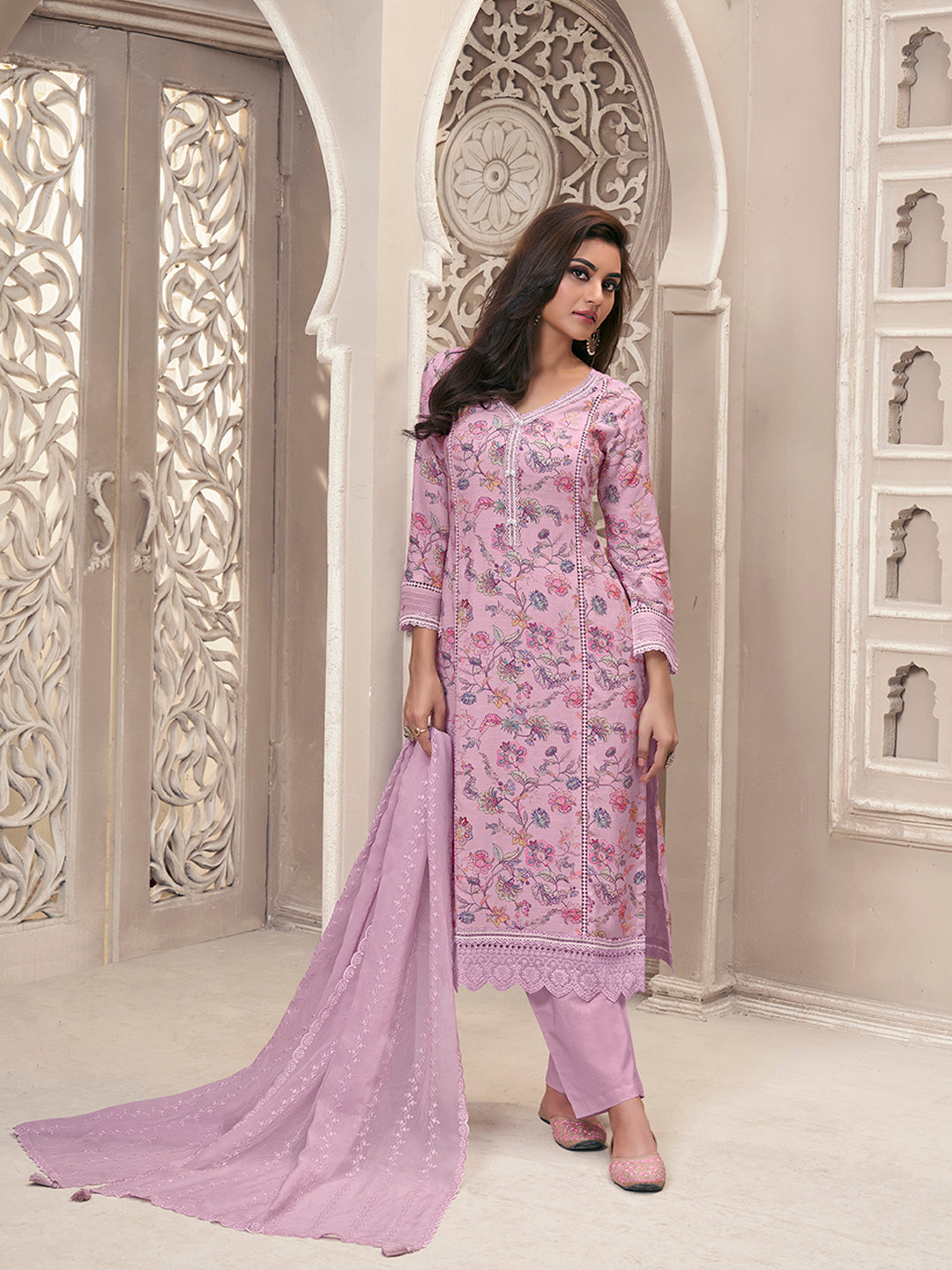 Baby Pink Kurta Set in Linen Floral Printed with Schiffli Work