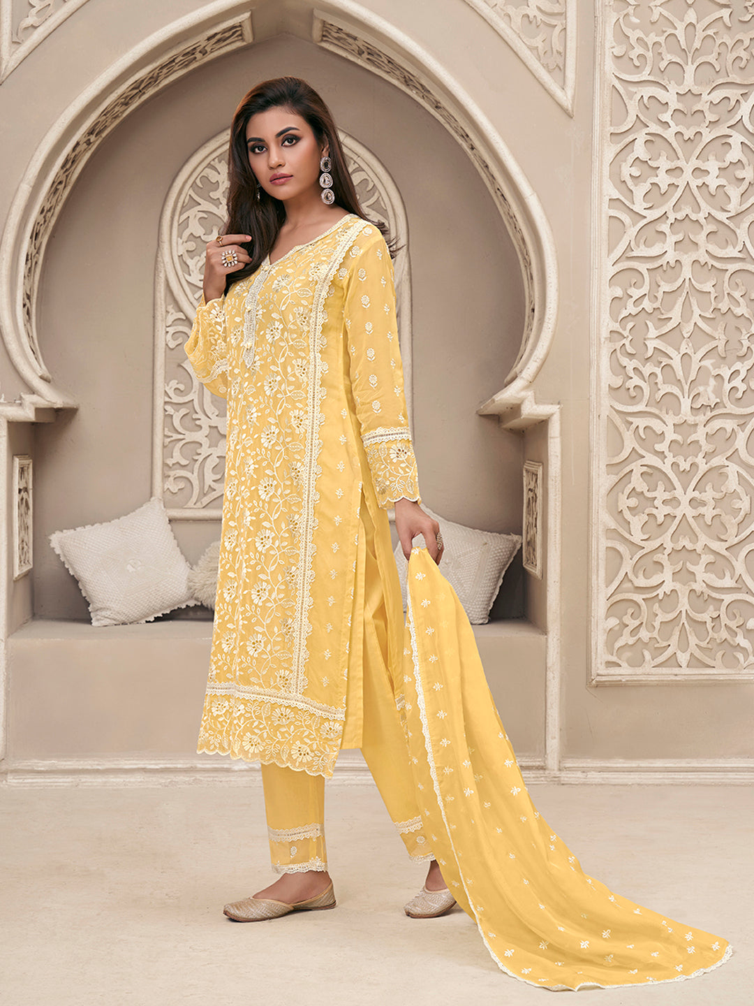 Light Yellow Kurta Set Suit in Organza with Schiffli Work