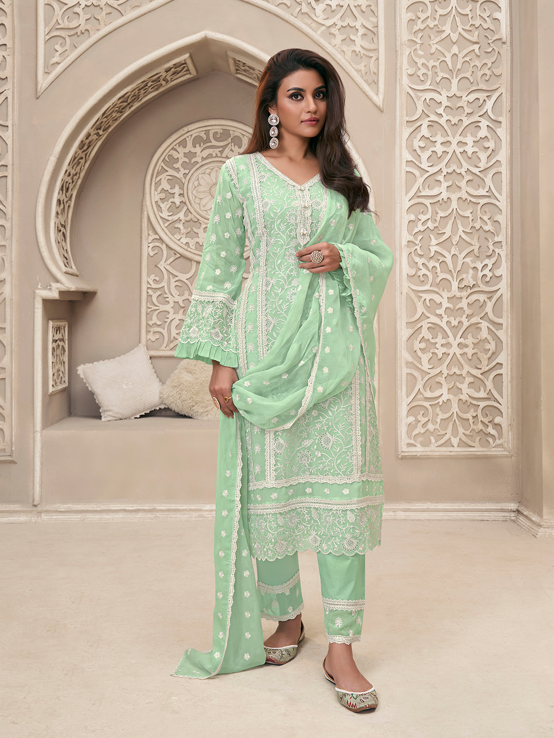 Mint Green Kurta Set in Organza Fabric with Schiffli Work
