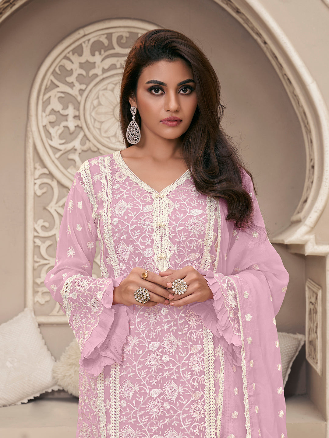 Light Lavender Kurta Set in Organza Fabric with Schiffli Work