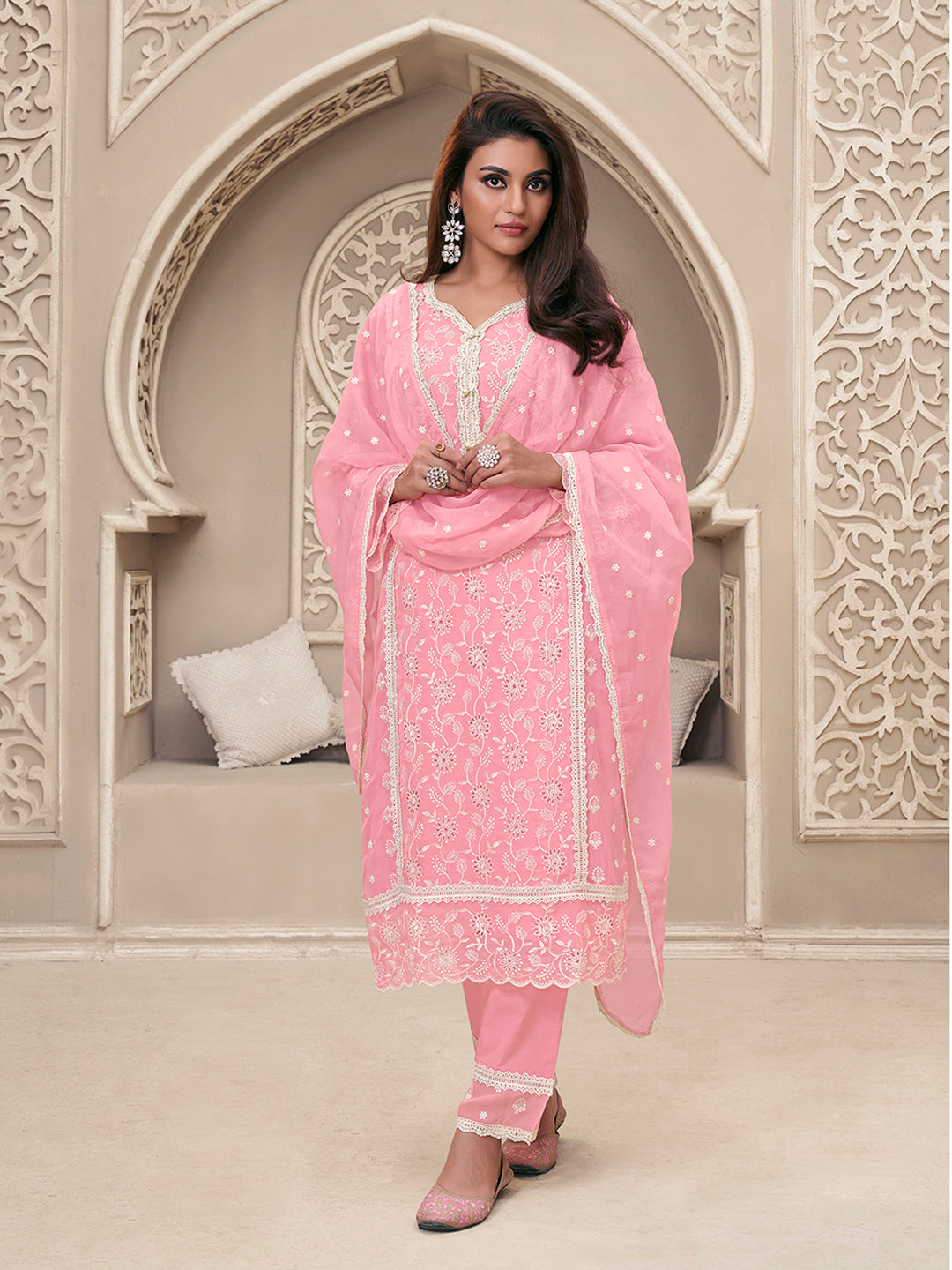 Pink Organza Fabric with Shiffli work Kurta Suit Set - qivii