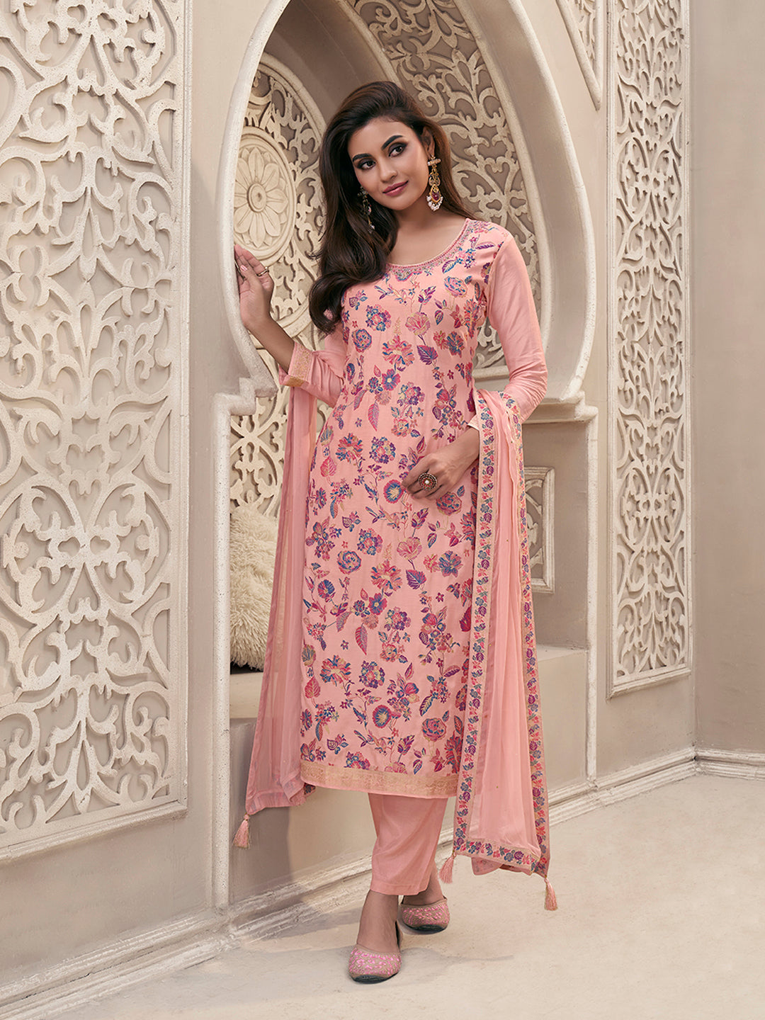 Pink Meena Jacquard Colour Floral Kurta Suit Set - qivii