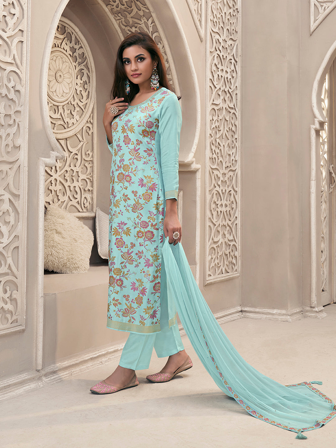 Blue Meena Jacquard Colour Floral Kurta Suit Set - qivii