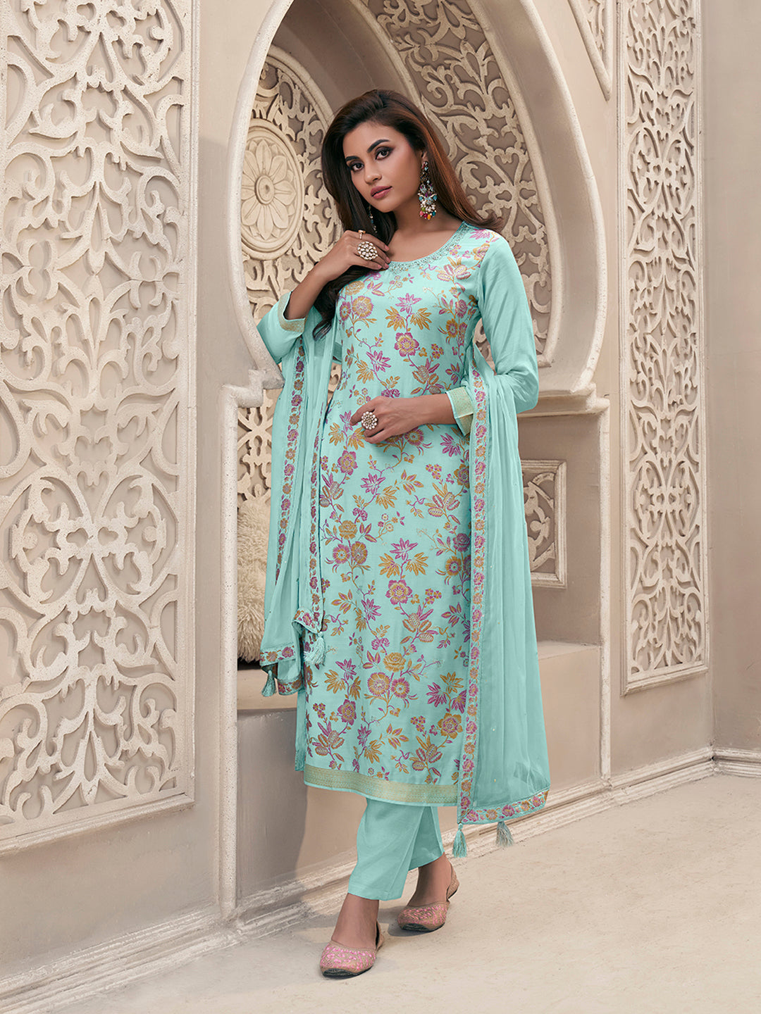 Blue Meena Jacquard Colour Floral Kurta Suit Set - qivii