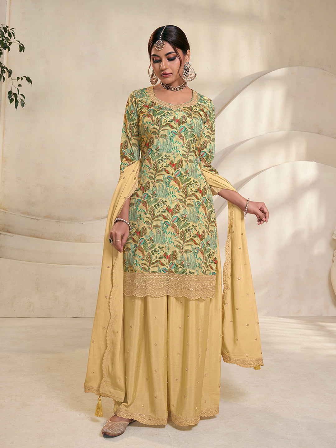 Yellow Chinon Digital Floral Printed Sharara Suit Set
