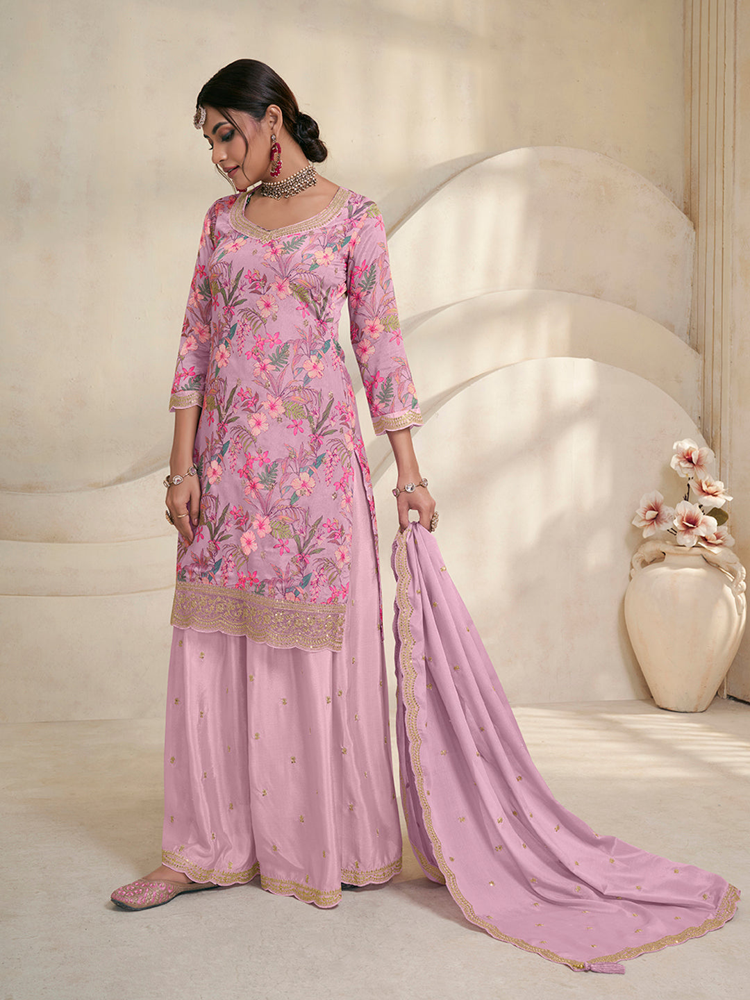 Pink Chinon Digital Floral Printed Sharara Suit Set - qivii