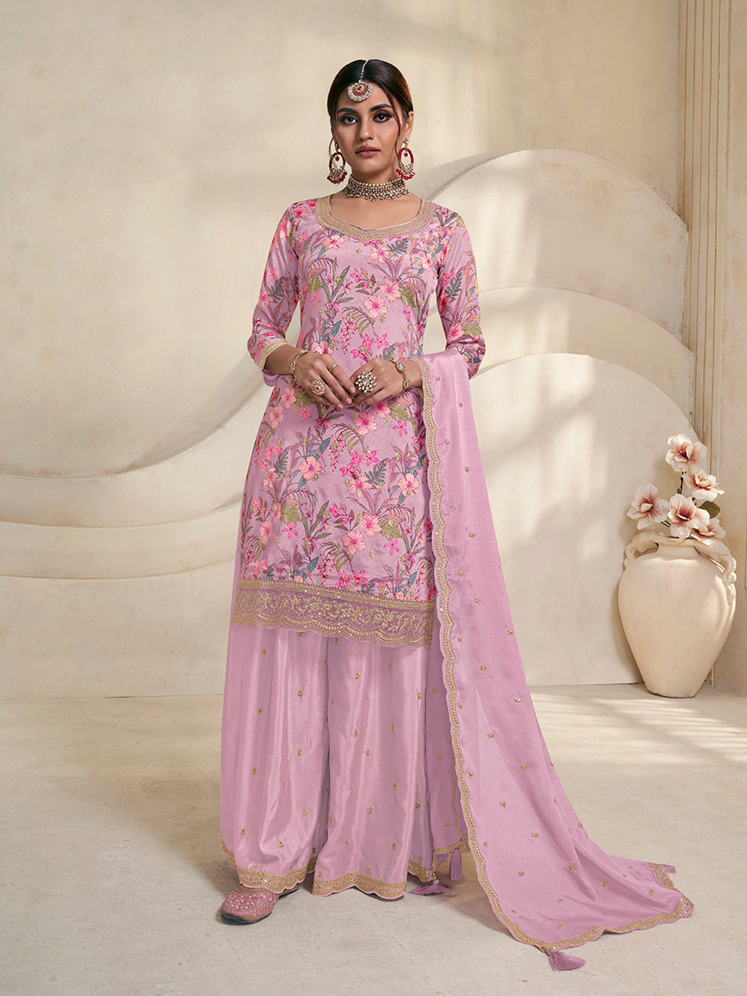 Pink Chinon Digital Floral Printed Sharara Suit Set - qivii